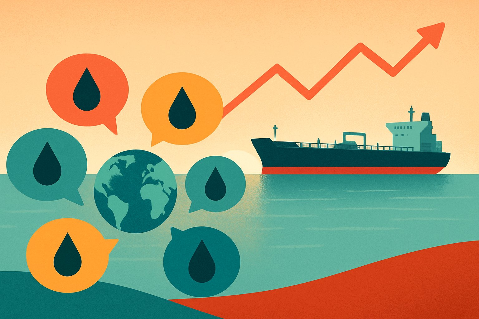 Illustration of an oil tanker at sea beside a rising price arrow, with speech bubbles containing oil drops gathered around a globe