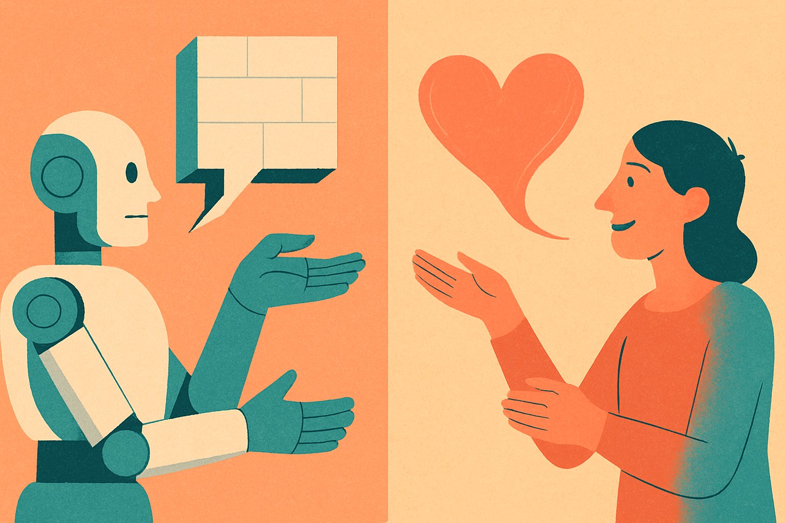 Illustration of a robot offering a speech bubble made of bricks, facing a woman offering a heart-shaped speech bubble